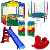 KIT PLAYGROUND Cama Elástica 1,83m Piscina de Bolinhas Oitavada 2,00m com 1000 Bolinhas Escorregador Grande Gangorra 1 Lugar