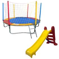 Kit Playground Cama Elástica Pula Pula Trampolim 2,30m Escorregador Infantil Médio 3 Degraus