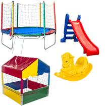 Kit Playground Completo Cama Elástica Pula Pula 2,30m Piscina De Bolinhas 1,00m Escorregador Médio Gangorra 1 Lugar