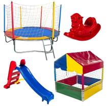 Kit Playground Completo Cama Elástica Pula Pula 2,30m Piscina De Bolinhas 1,00m Escorregador Médio Gangorra 1 Lugar