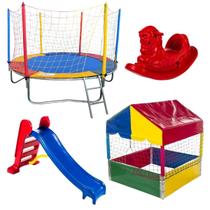 Kit Playground Completo Cama Elástica Trampolim Pula Pula 2,30m + Piscina De Bolinhas 1,00m + Escorregador Médio + Gangorra 1 Lugar