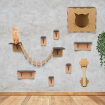 Kit Playground de Gatos 9 Peças Mdf Carpete Feltro Arranhador Resistente