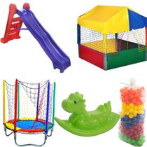Kit Playground Escorregador GRANDE 4 degraus + PulaPula Infantil 1,40m + Piscina Infantil 1,5 x 1,5 + 1000 BOLAS + Gangorra Dino Rex