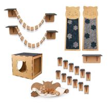 Kit Playground Gatos 19 pçs Arranhador Parede Brinquedo Gato Nicho Toca Casinha Degraus Pontes Mdf