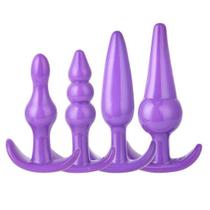 Kit Plug Anal 4 Itens Em Silicone Com Alça Macio Lilás