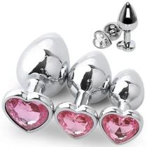 Kit Plug Anal em Aço Inox Dilatador e Estimulante Com Linda Joia Formato Coração TAM P M G - Sexy Import