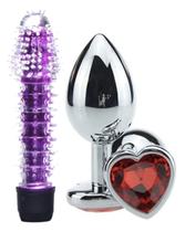 Kit Plug Anal em Aço Inoxidável com Cristal e Vibrador Personal com Capa