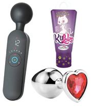 Kit Plug Anal Em Aço Inoxidável Vibrador Vainha Mágica com Aquecimento e Gel Dessensibilizante Anal