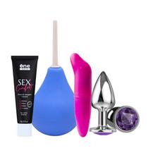 Kit Plug Anal P + Sex Comfort Lubrificante Anal + Vibrador Ponto G+ Ducha Higiênica