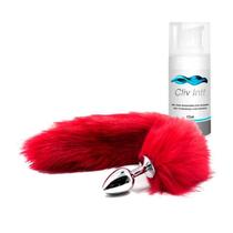 Kit Plug Anal Rabo de Raposa Vermelho 40 cm Tam M e Gel Lubrificante Dessensibilizante Cliv Intt