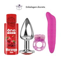 Kit Plug Anal Tamanho M Vibrador Ponto G Gel Lubrificante One Sex Anel Peniano Com Vibrador