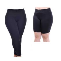Kit Plus Size Calça Legging + Bermuda Fitness em Suplex Poliamida-PRETO