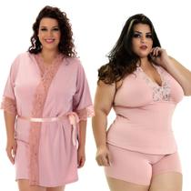 Kit Plus Size Short Doll e Robe Renda Luxo Feminino Pijama