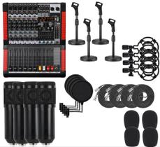 Kit Podcast Profissional Completo Mesa Mixer 6 Canais Pedestal Microfone Condensador Filtro e Pop Filter Kit Podcast Profissional Completo Mesa Mixer 6 Canais Pedestal Microfone Condensador Filtro e Pop Filter