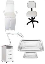 Kit Podologia Cadeira Luminária Com Exaustor Armário Mocho Brinde Lupa