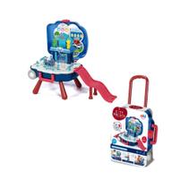 Kit Policial Policia Faz de Conta Brinquedo Infantil 2 em 1 Maleta Mochila Bancada Interativo Som Luz Profissão Menino