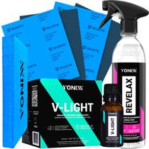 Kit Polimento de Farol Farois Revelax Revelador Vitrificador Cristalizador V-Light Taco Lixa Vonixx Kit Polimento de Farol Farois Revelax Revelador Vitrificador Cristalizador V-Light Taco Lixa Vonixx