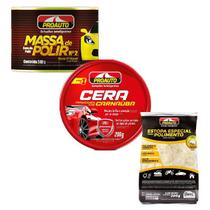 Kit polimento polir + cera carnauba + estopa proauto