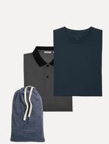 Kit Polo e Camiseta Dudalina Masculina Azul Marinho Listrado e Azul Marinho