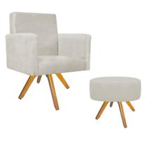 Kit Poltrona Arenzza e Puff Sofia Base Giratória de Madeira Suede Bege - DAMAFFÊ MÓVEIS