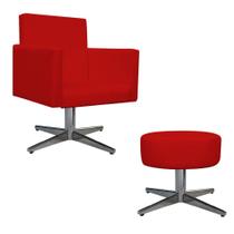 Kit Poltrona Arenzza e Puff Sofia Base Giratória de Metal Sala de Estar Decor Corano Vermelho - DAMAFFÊ MÓVEIS