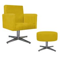 Kit Poltrona Arenzza e Puff Sofia Base Giratória de Metal Sala de Estar Decor Suede Amarelo - DAMAFFÊ MÓVEIS