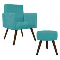 Kit Poltrona Arenzza e Puff Sofia Palito Tabaco Suede Azul Turquesa - DAMAFFÊ MÓVEIS
