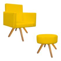 Kit Poltrona Beatriz e Puff Sofia Base Giratória de Madeira Corano Amarelo - DAMAFFÊ MÓVEIS