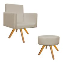 Kit Poltrona Beatriz e Puff Sofia Base Giratória de Madeira Corano Bege - DAMAFFÊ MÓVEIS