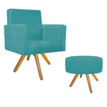 Kit Poltrona Beatriz e Puff Sofia Base Giratória de Madeira Sala de Estar Suede Azul Turquesa
