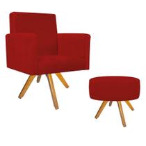 Kit Poltrona Beatriz e Puff Sofia Base Giratória de Madeira Suede Vermelho - KDAcanto Móveis