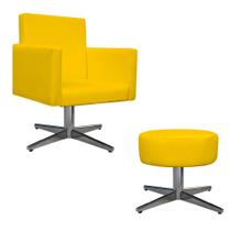 Kit Poltrona Beatriz e Puff Sofia Base Giratória de Metal Corano Amarelo - DAMAFFÊ MÓVEIS