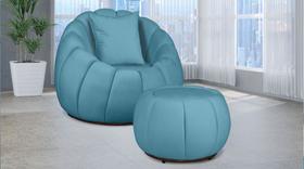Kit Poltrona C/ Puff + Almofada Concha Veludo Azul Turquesa