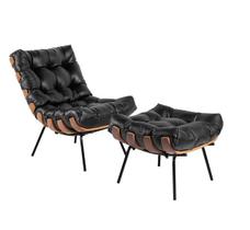 Kit Poltrona Costela com Puff Para Sala Couro Puro Preto Kit Poltrona Costela com Puff Para Sala Couro Puro Preto