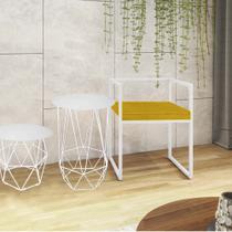 Kit Poltrona Cubo com 2 Mesas Lizie Ferro Branco Tampo Redondo Branco Suede Amarelo - Ahz Móveis