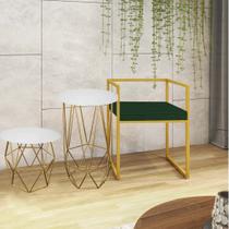 Kit Poltrona Cubo com 2 Mesas Lizie Ferro Dourado Tampo Redondo Branco Suede Verde - Ahz Móveis