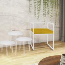 Kit Poltrona Cubo com 3 Mesas Roma Ferro Branco Tampo Redondo Branco Suede Amarelo - Ahz Móveis