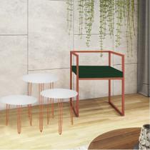 Kit Poltrona Cubo com 3 Mesas Roma Ferro Bronze Tampo Redondo Branco Suede Verde - Ahz Móveis