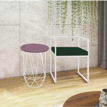 Kit Poltrona Cubo com Mesa Lizie Ferro Branco Tampo Redondo Rose Suede Verde - Ahz Móveis