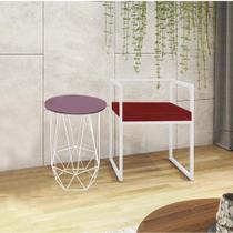 Kit Poltrona Cubo com Mesa Lizie Ferro Branco Tampo Redondo Rose Suede Vermelho - Ahz Móveis