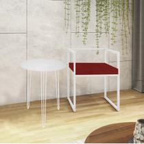 Kit Poltrona Cubo com Mesa Roma Ferro Branco Tampo Redondo Branco Suede Vermelho - Ahz Móveis