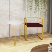 Kit Poltrona Cubo com Mesa Roma Ferro Dourado Tampo Redondo Branco Suede Bordô - Ahz Móveis