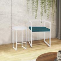 Kit Poltrona Cubo com Mesa Will Ferro Branco Tampo Redondo Branco Suede Azul Turquesa - Ahazzo Móveis