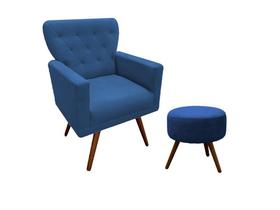 Kit Poltrona Decorativa Aurora + 1 Puff Redondo Suede Azul Marinho Pés Madeira Ms Decor