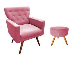 Kit Poltrona Decorativa Aurora + 1 Puff Redondo Suede Rosa Pés Madeira Ms Decor
