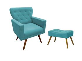 Kit Poltrona Decorativa Aurora + 1 Puff Retangular Suede Azul Turquesa Pés Madeira Mz Decor
