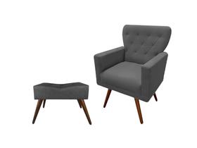 Kit Poltrona Decorativa Aurora + 1 Puff Retangular Suede Cinza Pés Madeira Ms Decor