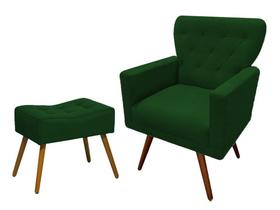 Kit Poltrona Decorativa Aurora + 1 Puff Retangular Suede Verde Pés Madeira Ms Decor