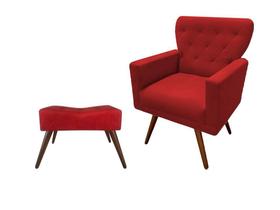 Kit Poltrona Decorativa Aurora + 1 Puff Retangular Suede Vermelho Pés Madeira Ms Decor