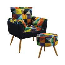 Kit Poltrona Decorativa Beta e Puff Solar F-015 N-024 Sued Estampado Colorido com Veludo Preto Arade